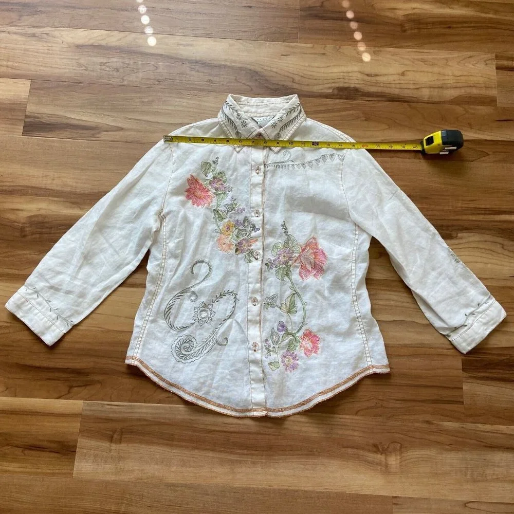 Tweeds Women Linen Embroidered Button Front Shirt Size: S Cottagecore Boho - Picture 6 of 9